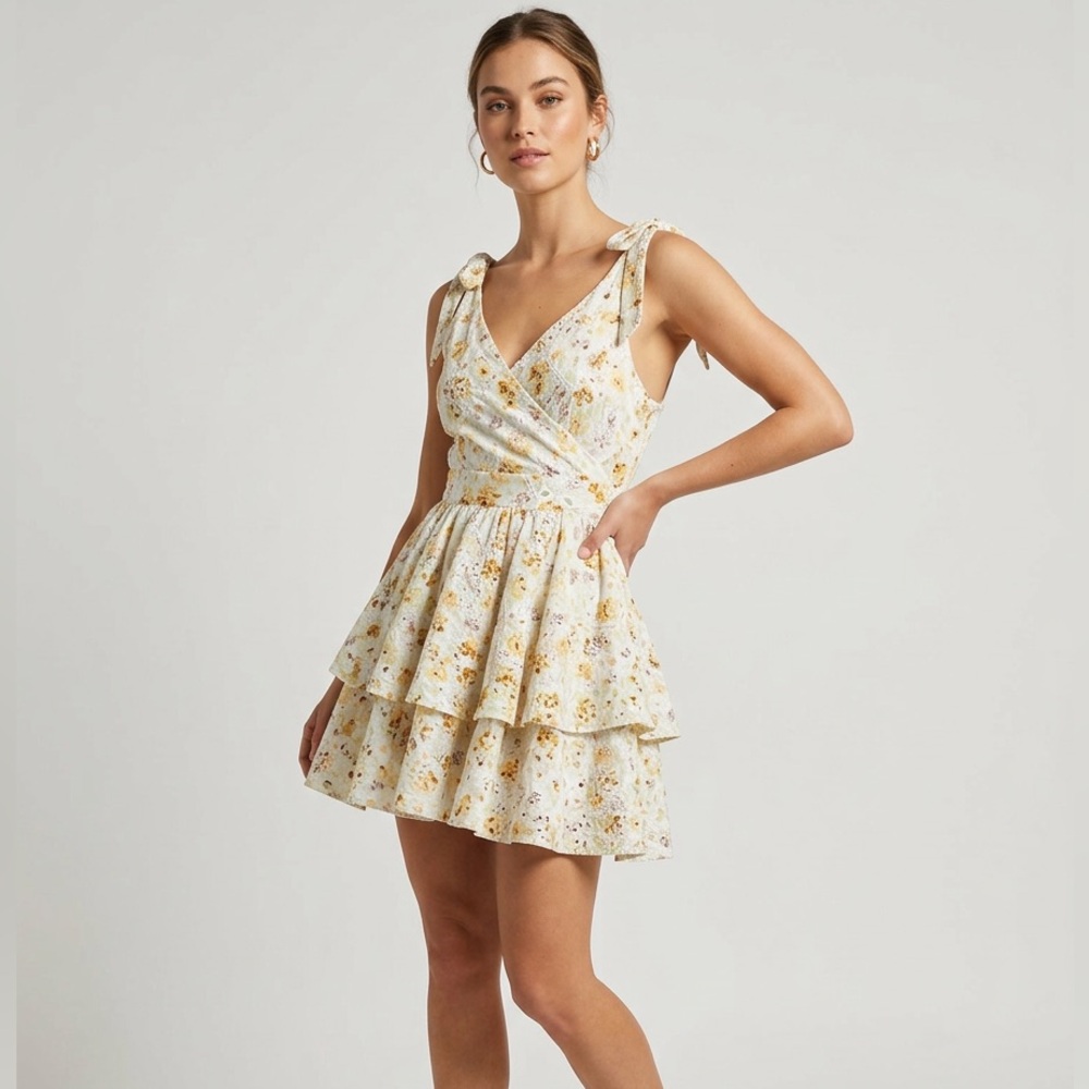 8 Rays For Days, Yellow Floral Eyelet Cross-Front Dress 14” P2P 13” W, sample S